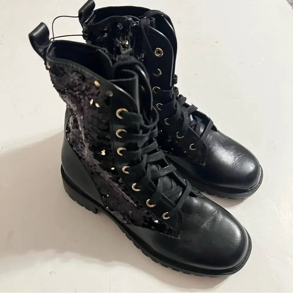 Zara Black Leather Sequined Lace Up Boots Size 6 US